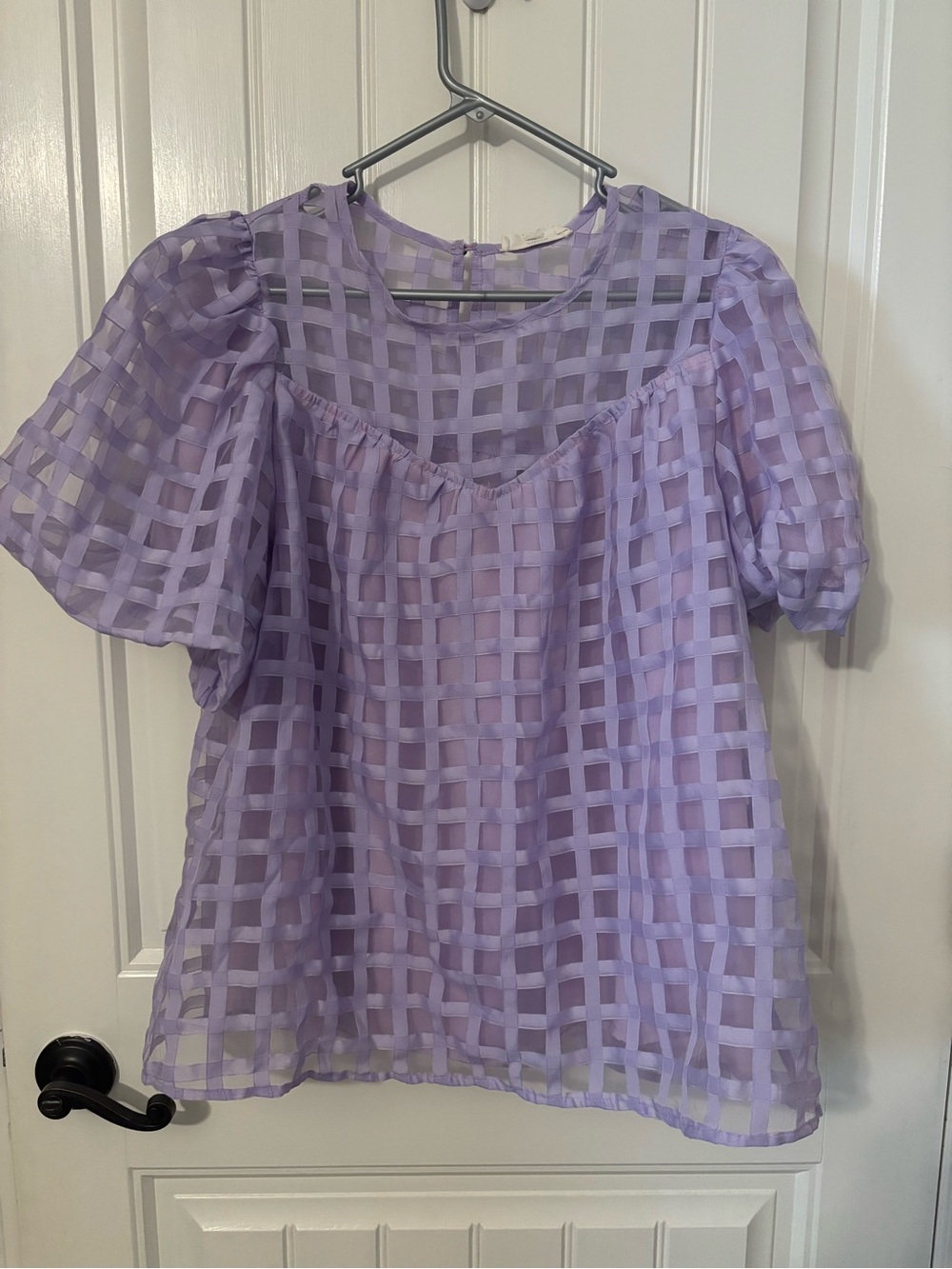 entro Lilac Checkered Sheer Puff-Sleeve Top
